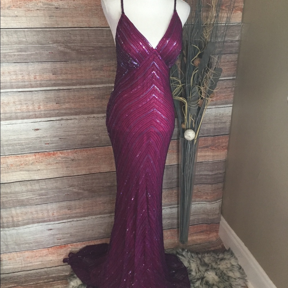 SCALA SILK HEAVY BEADED SEQUIN TRAIN FORMAL DRESS